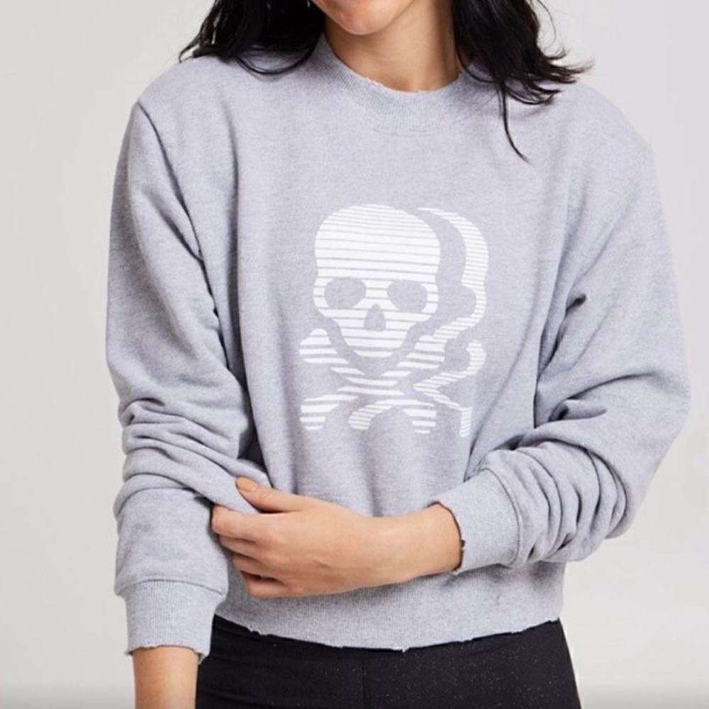 Soulcycle, Gray Long Sleeve Cropped Distressed Sweatshirt Skull Logo Women’s XS